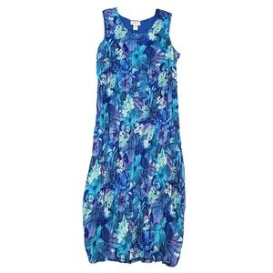 VINTAGE Anna Maxwell Blue Floral Crinkle Midi Dress Womens 1X 18/20 Sleeveless